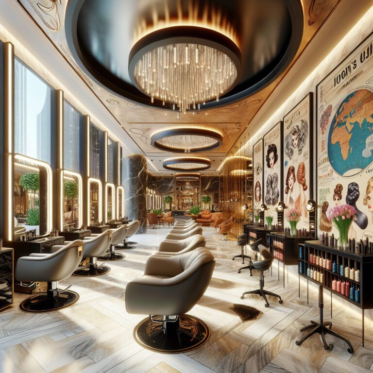 Luxurious modern hair salon with styling chairs and chandeliers