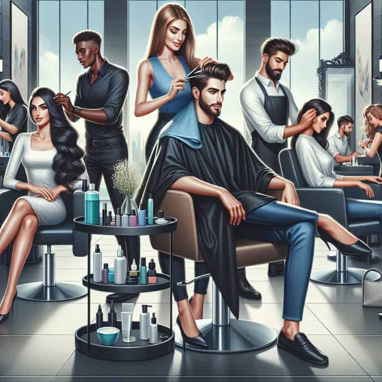 Stylists cutting and styling clients' hair in salon
