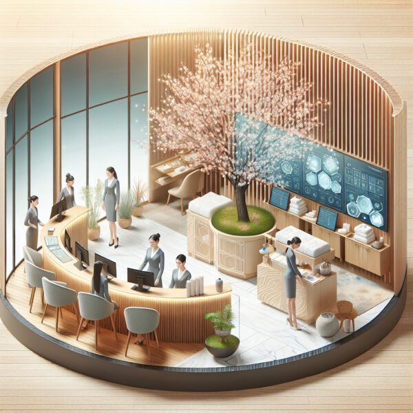 Modern clinic reception with staff and blossom tree