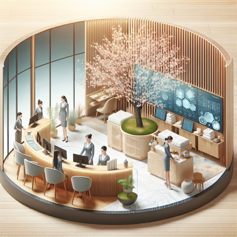 Modern clinic reception with staff and blossom tree