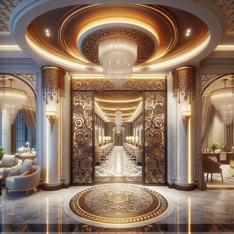 Opulent Art Deco hallway with chandeliers and marble floor