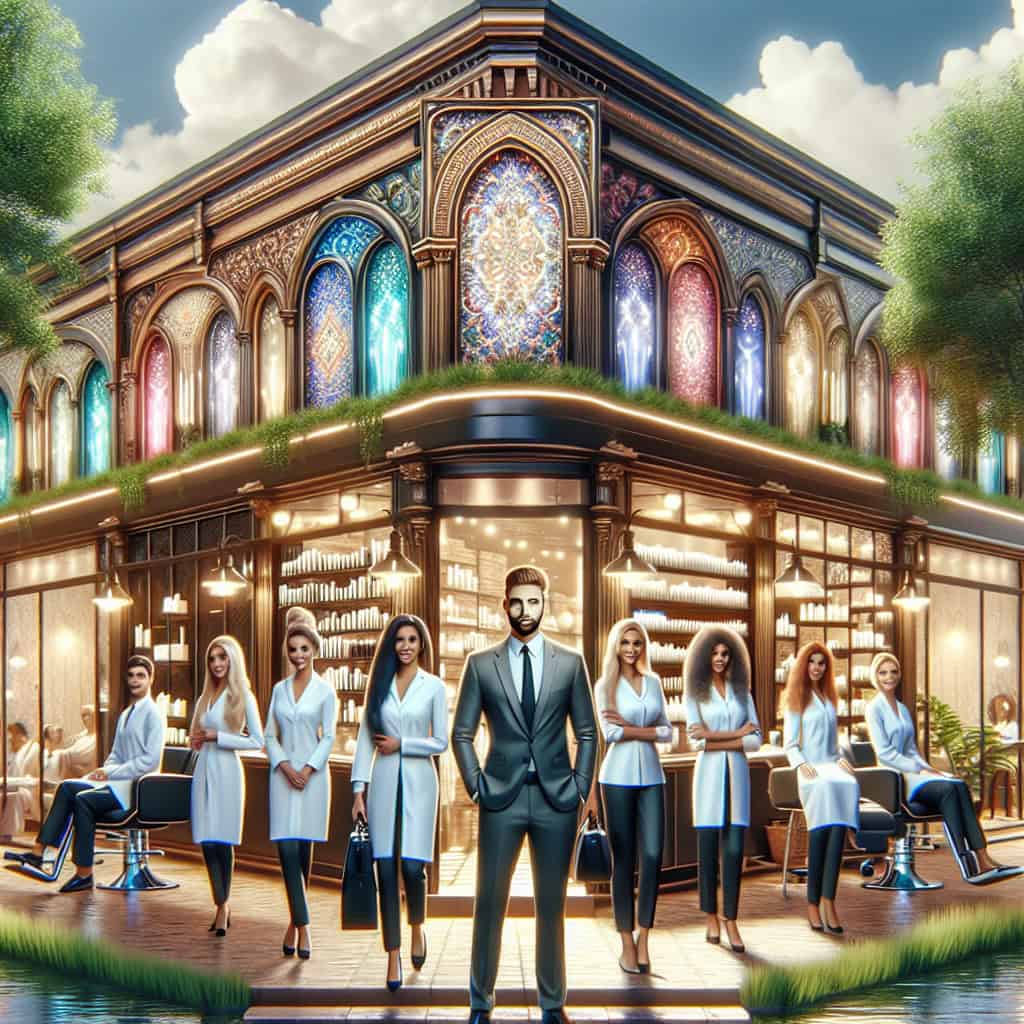 Stylish salon team outside ornate stained-glass building
