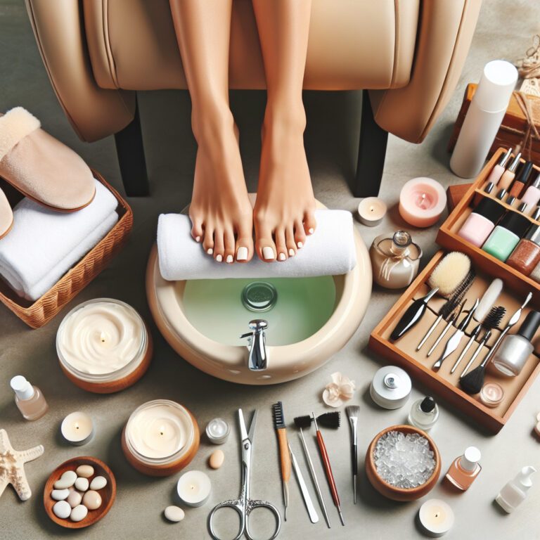 Feet in pedicure spa surrounded by beauty tools