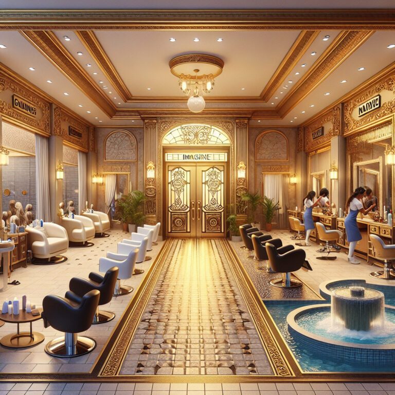 Luxurious ornate hair salon with fountain and stylists