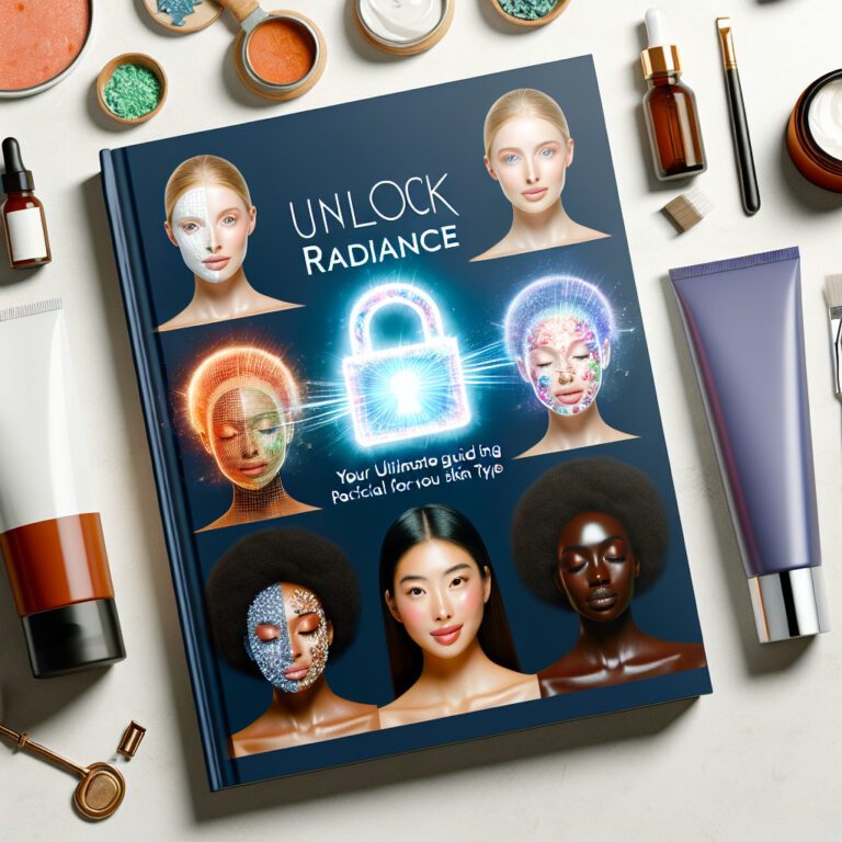 Skincare book titled Unlock Radiance surrounded by cosmetics