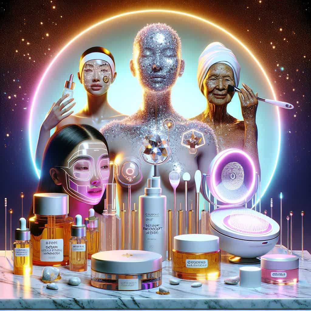 Futuristic skincare products with diverse ageing beauty faces