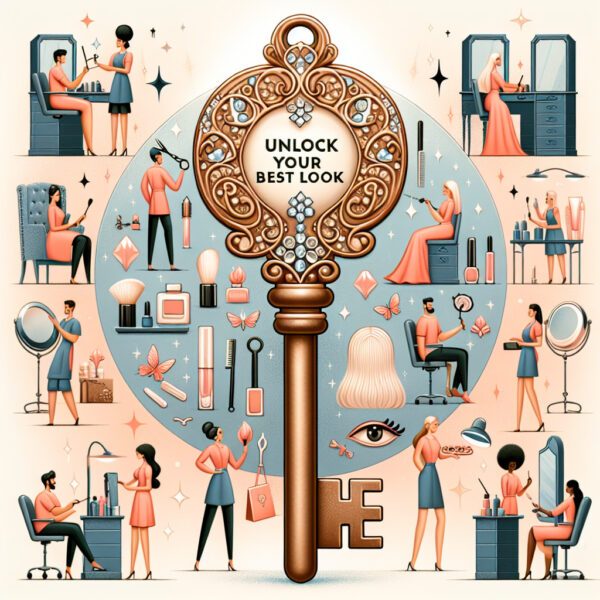 Ornate key with beauty salon scenes and slogan