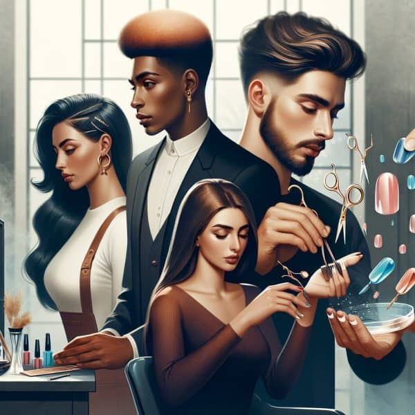 Stylised beauty salon scene with hairstylists and manicure tools