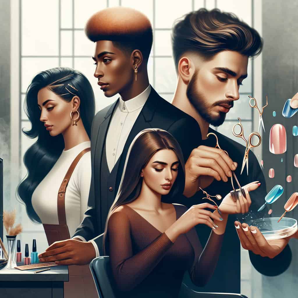 Stylised beauty salon scene with hairstylists and manicure tools