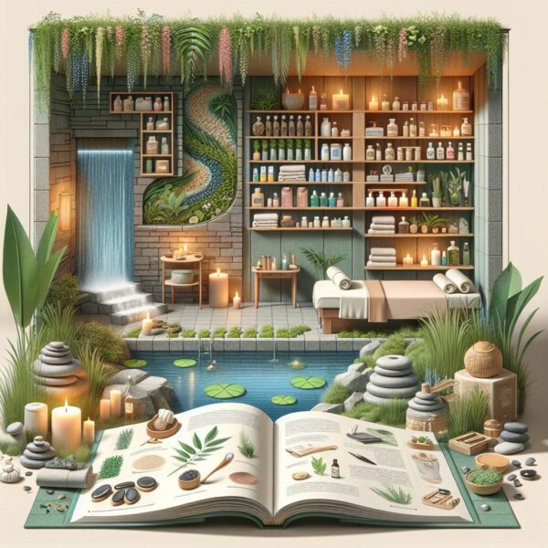 Serene spa interior with waterfall and herbal book