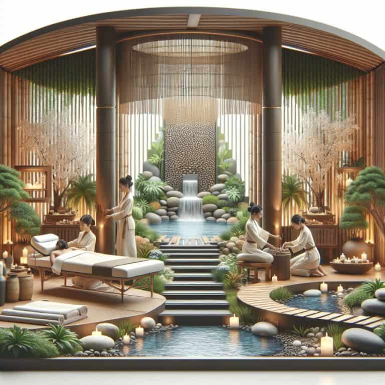 Luxury spa interior with waterfall and massage therapists