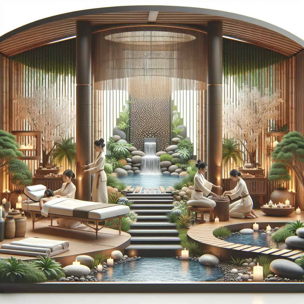 Luxury spa interior with waterfall and massage therapists