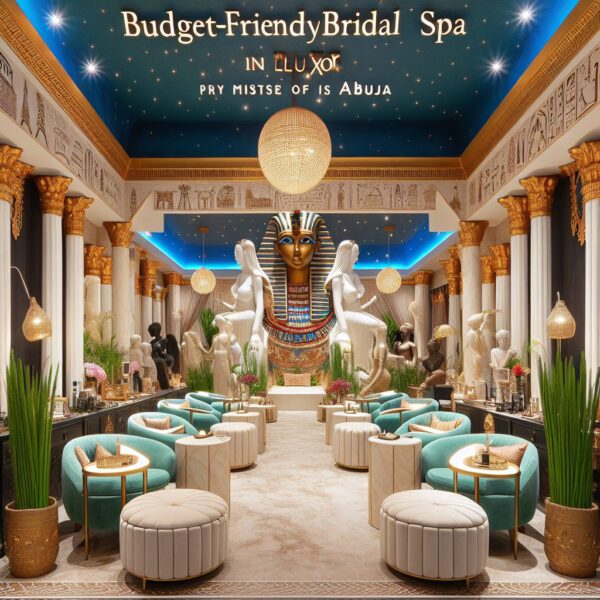 Egyptian-themed bridal spa interior with statues and pharaoh