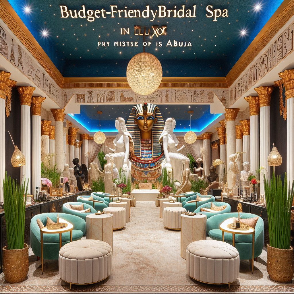 Egyptian-themed bridal spa interior with statues and pharaoh