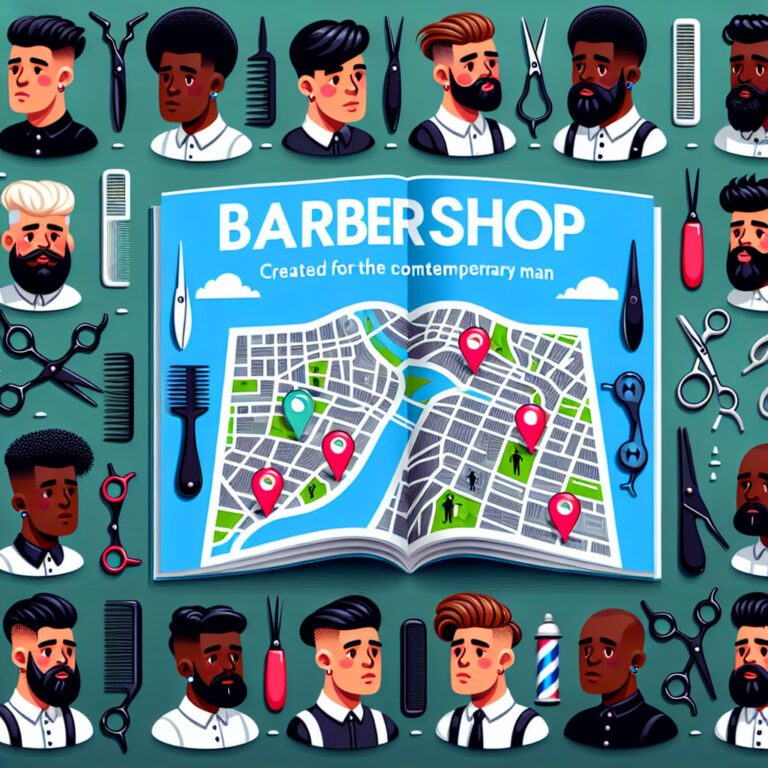 Barbershop map illustration surrounded by men's hairstyles and tools