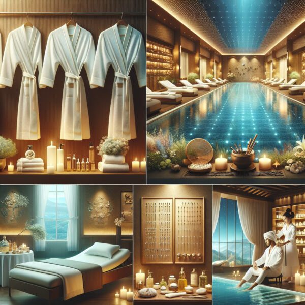 Luxury spa interior with pool, robes and treatments