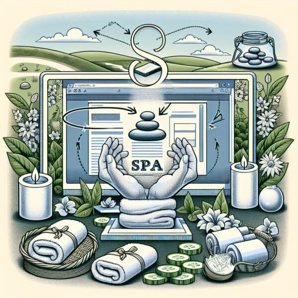 Spa website on laptop surrounded by candles and towels