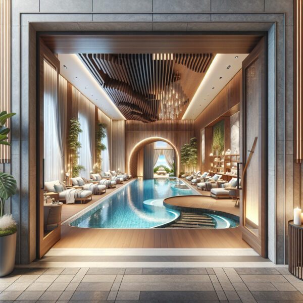 Luxurious indoor spa pool with wooden décor