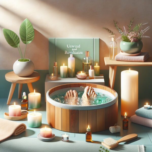 Relaxing home spa foot soak with candles and plants