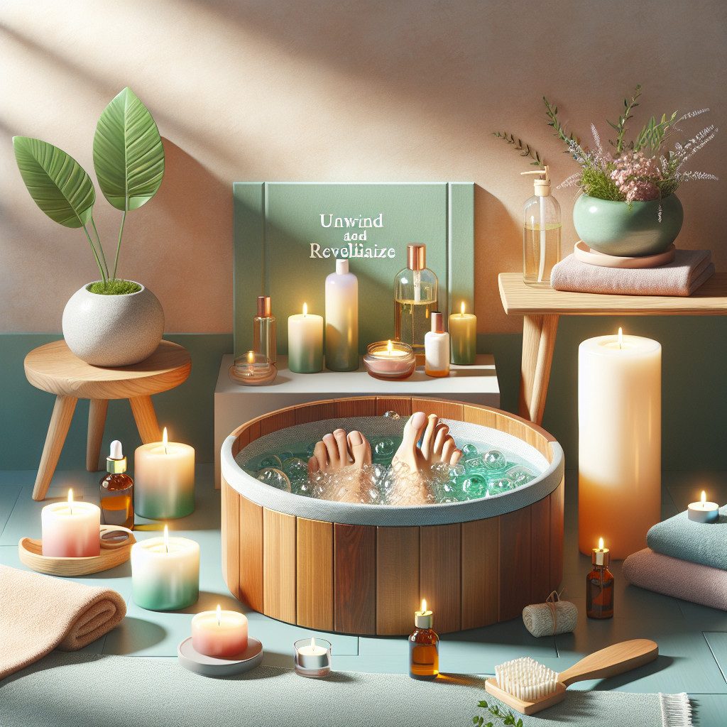 Relaxing home spa foot soak with candles and plants
