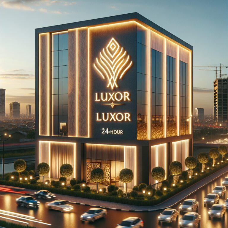 Illuminated Luxor 24-hour building at night cityscape