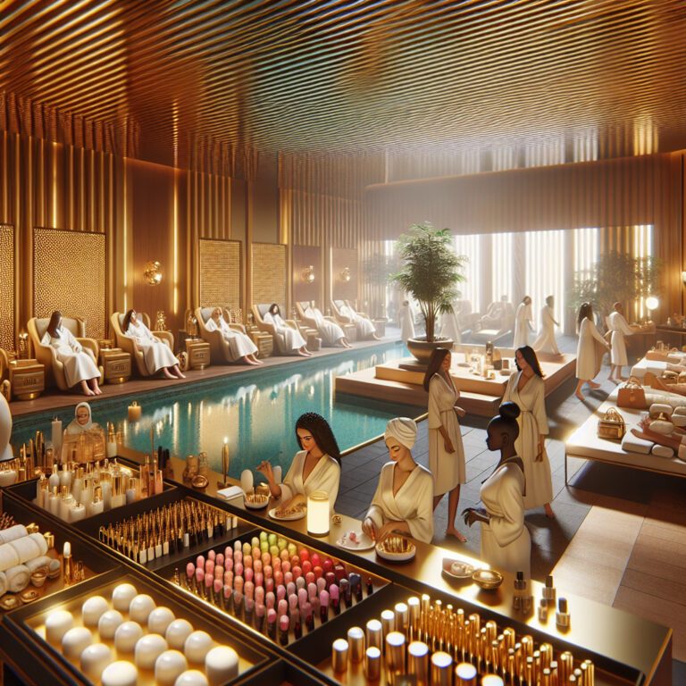 Luxury spa interior with women relaxing by pool