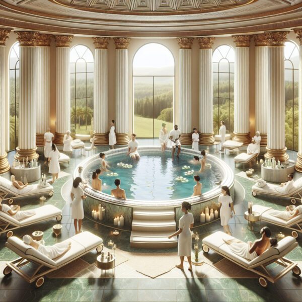 Luxurious spa with circular pool and grand columns