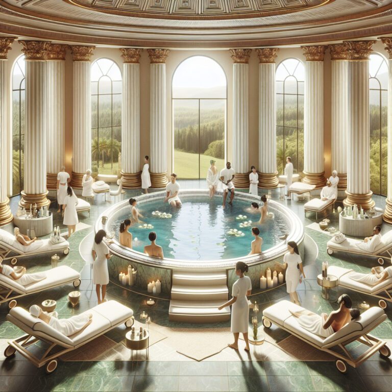 Luxurious spa with circular pool and grand columns