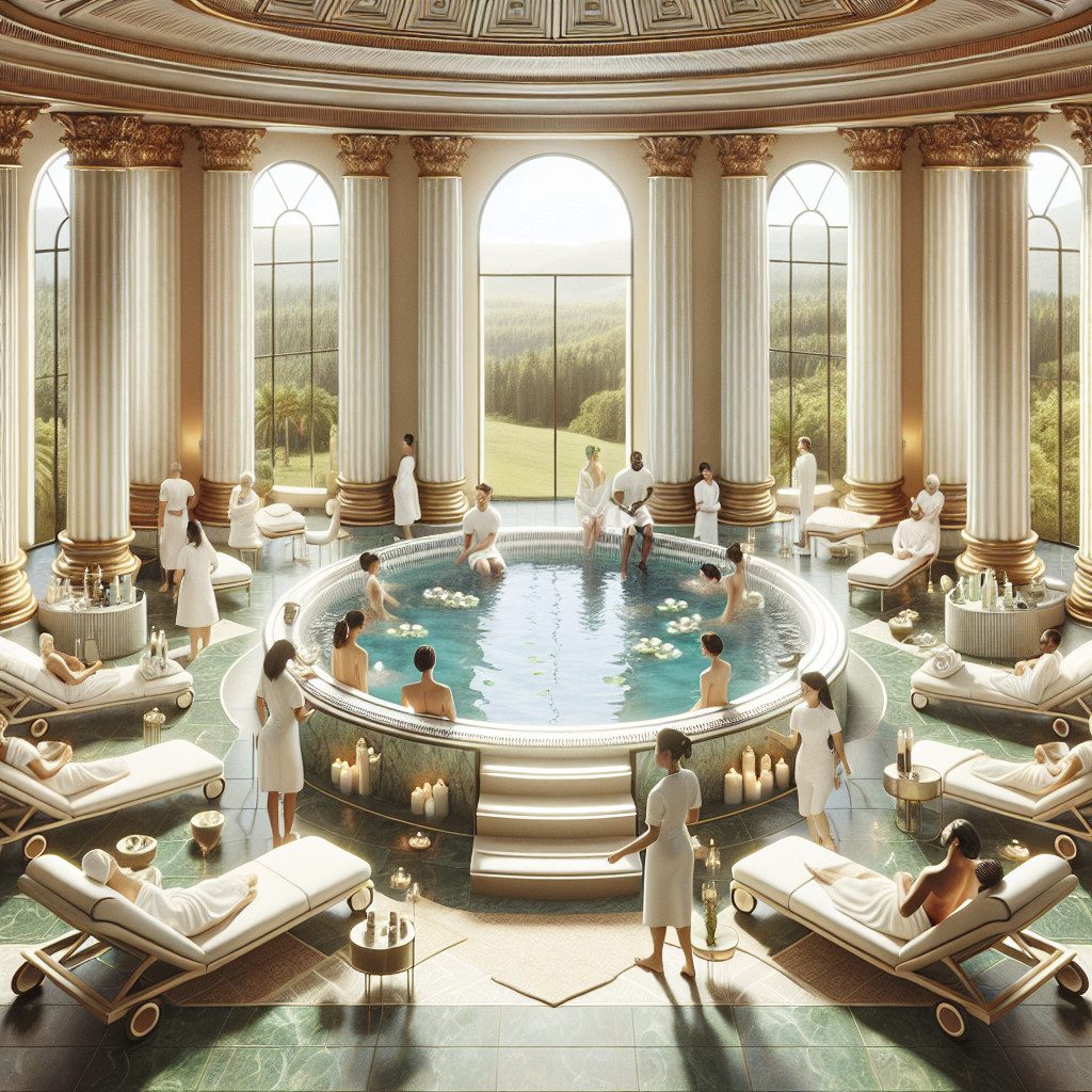 Luxurious spa with circular pool and grand columns
