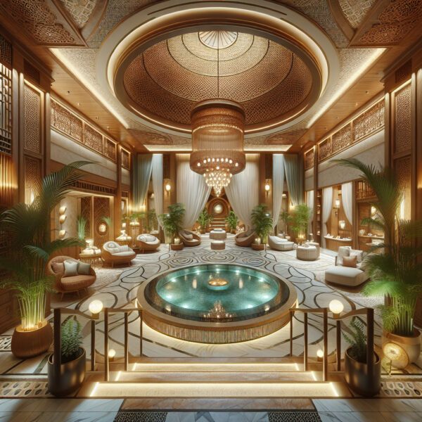 Luxurious spa interior with central pool and chandelier