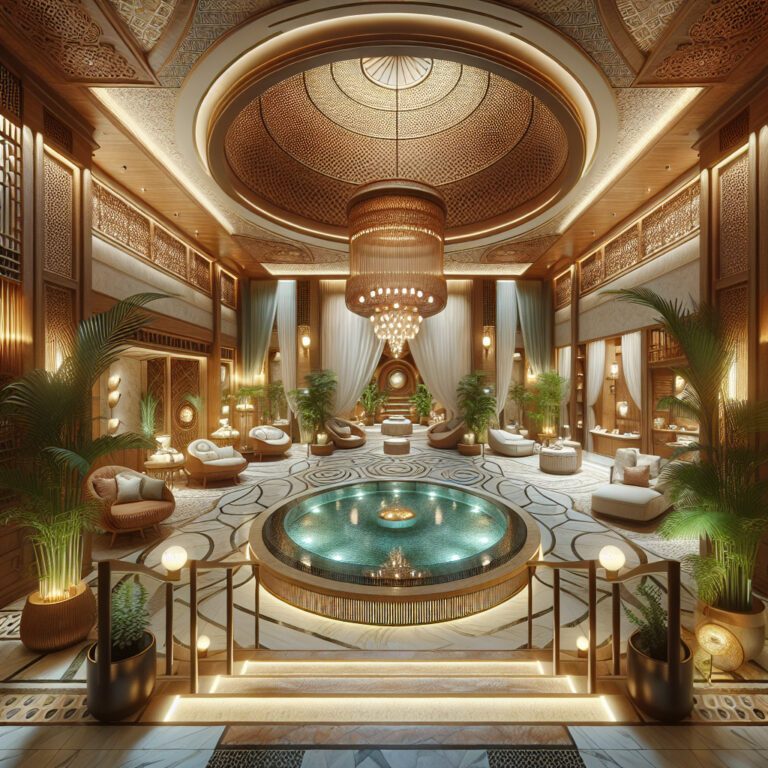 Luxurious spa interior with central pool and chandelier