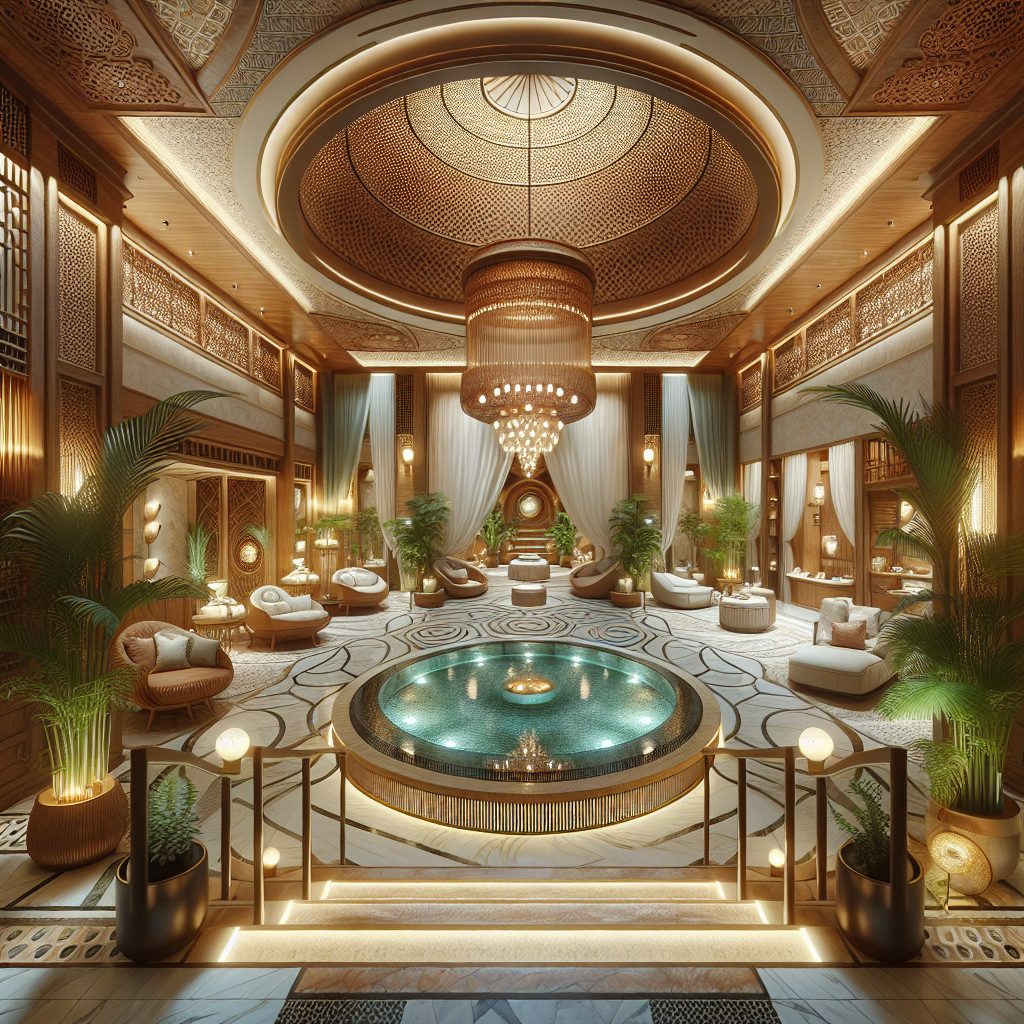 Luxurious spa interior with central pool and chandelier