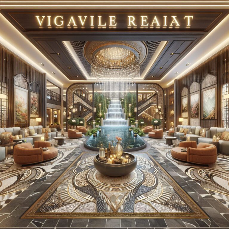 Luxurious hotel lobby with chandelier and waterfall feature