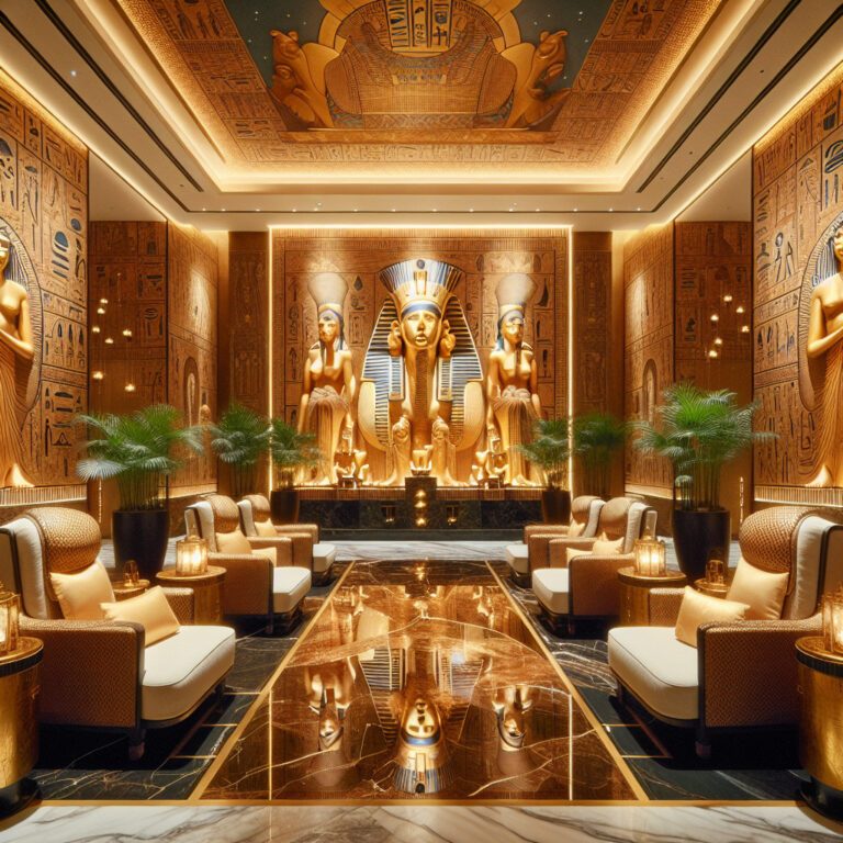 Luxurious Egyptian-themed lounge with golden statues and hieroglyphs