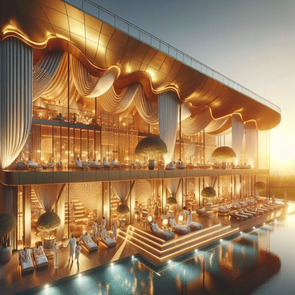 Luxury modern resort with pool and draped facade