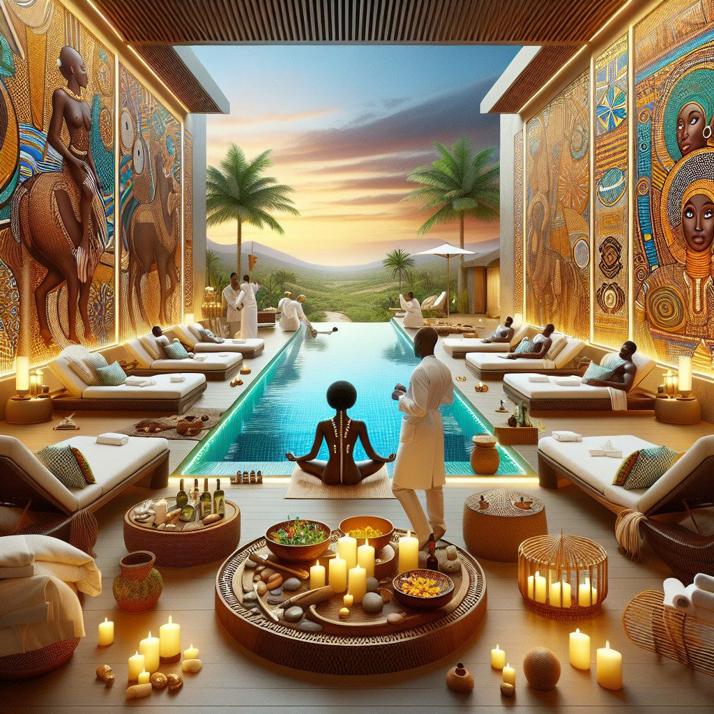 Luxury spa infinity pool with African murals at sunset