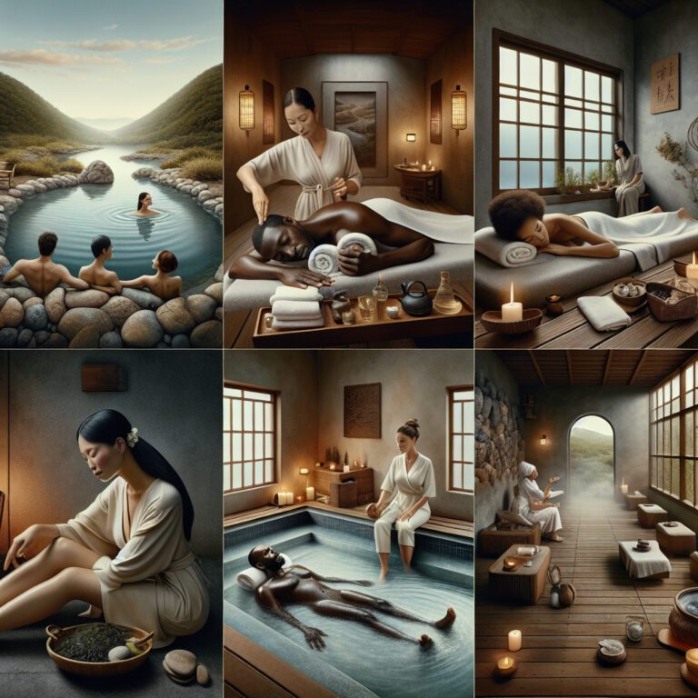 Serene spa scenes with massage and hot springs