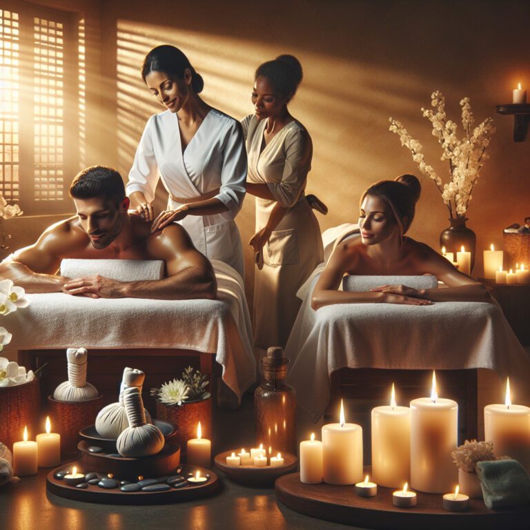 Couple receiving massages in candlelit spa setting