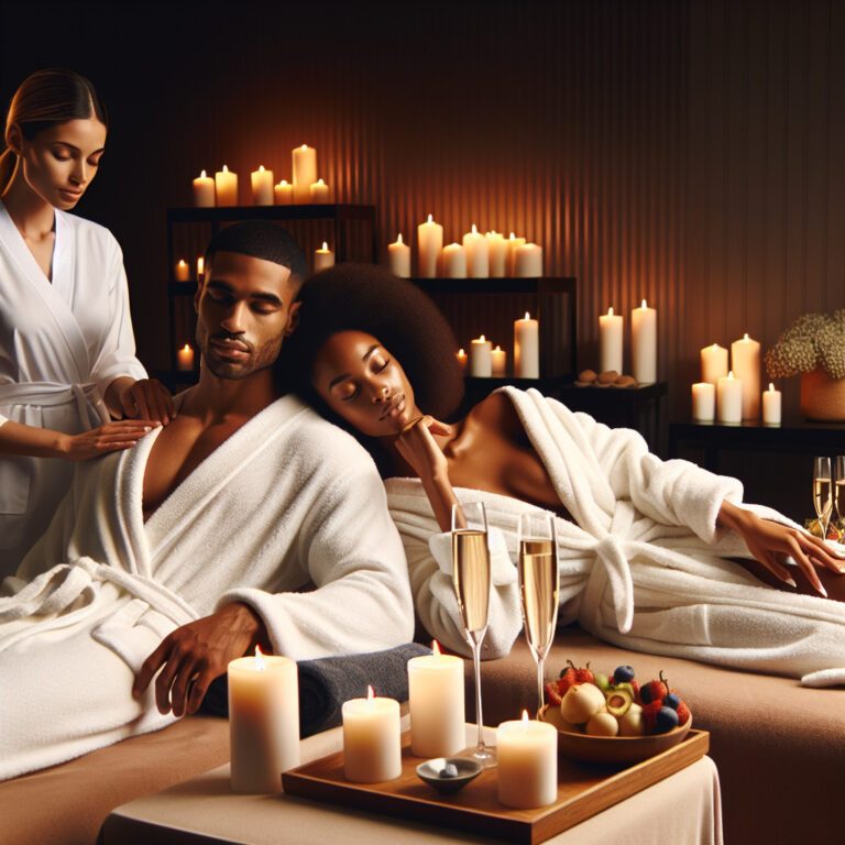 Couple relaxing at candlelit spa with champagne
