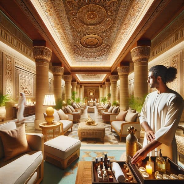 Luxurious spa interior with ornate columns and therapist