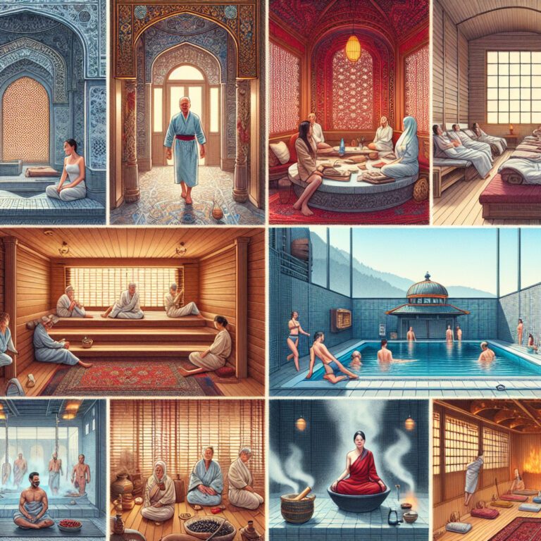 Traditional bathhouse and spa scenes with people relaxing