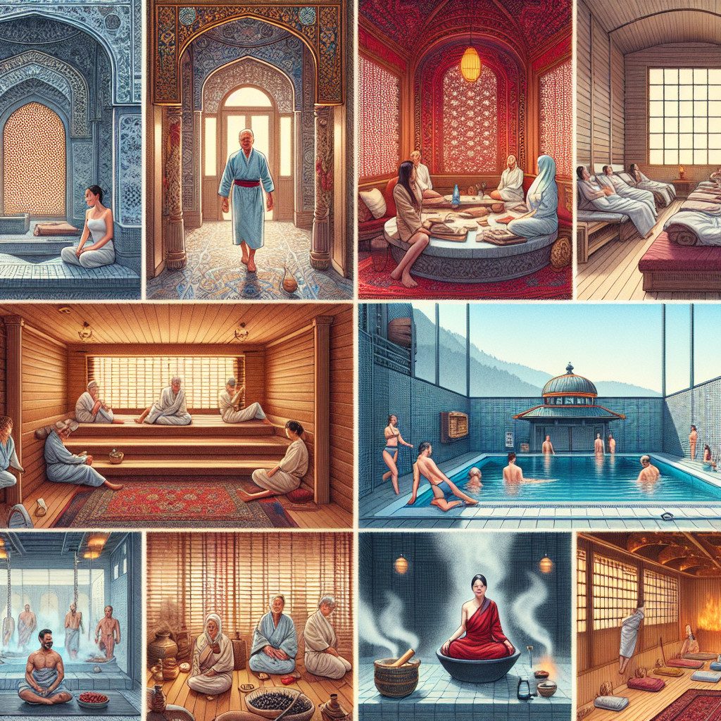 Traditional bathhouse and spa scenes with people relaxing