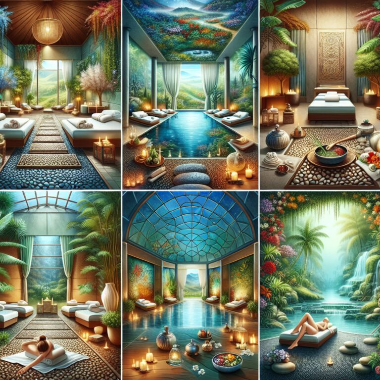 Luxurious tropical spa interiors with pools and candles