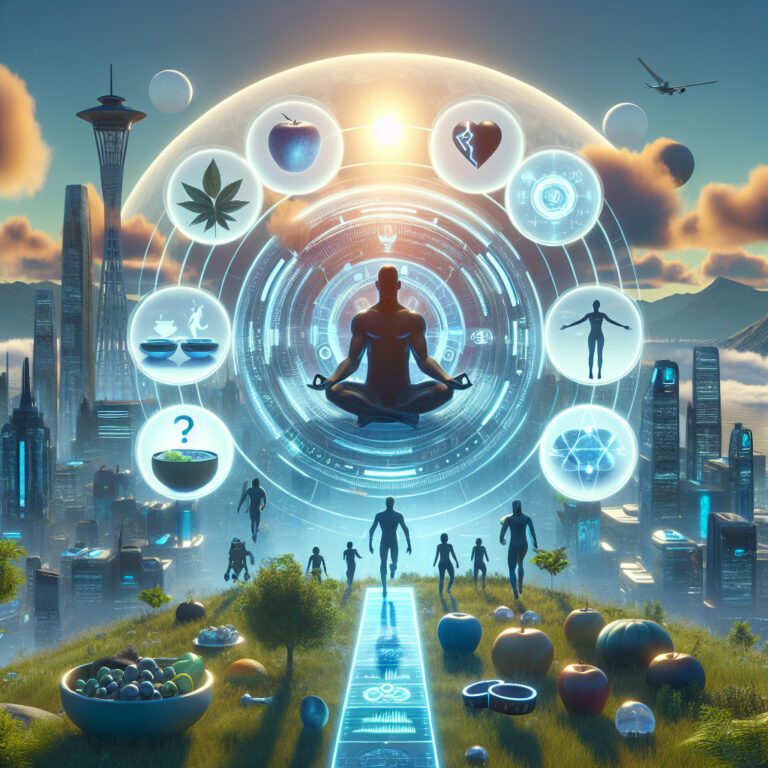 Futuristic city with meditating figure and wellness icons