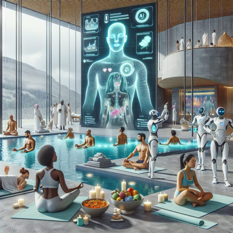 Futuristic spa with robots and AI health display