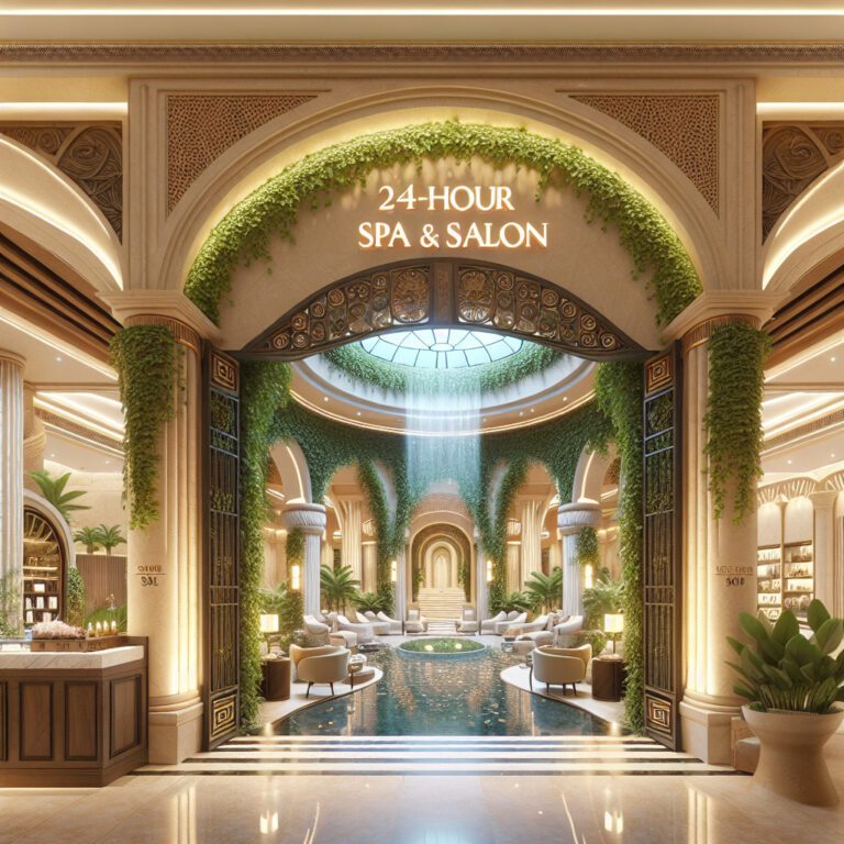 Luxurious 24-hour spa with indoor pool and greenery