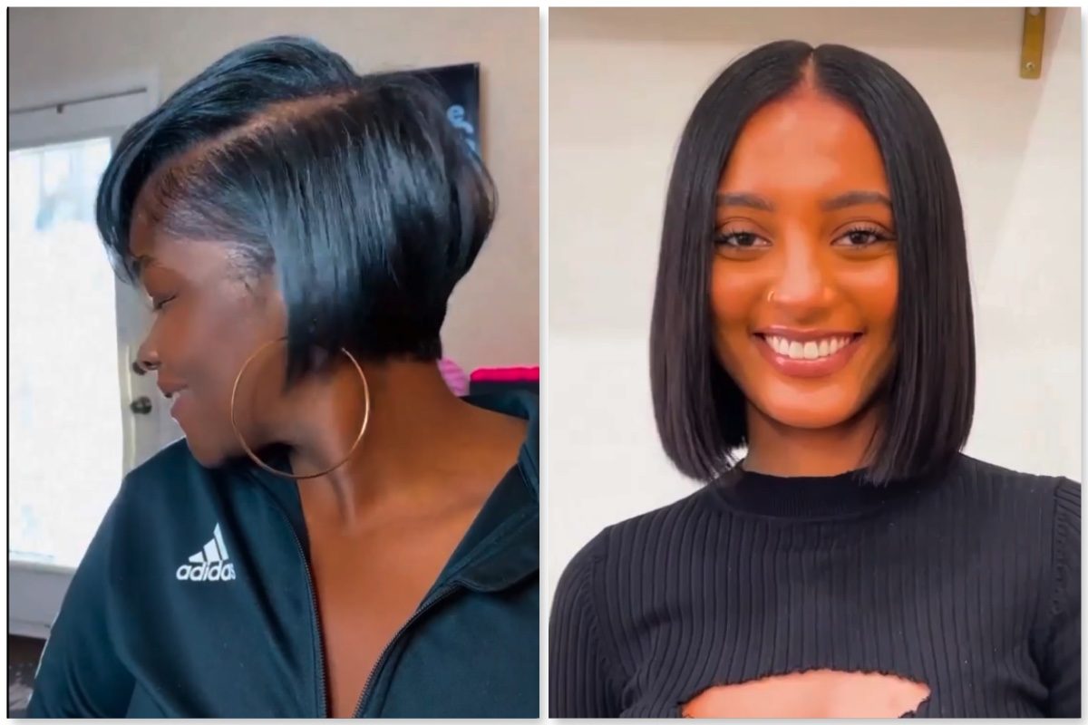 Woman with sleek straight bob haircut, side and front views