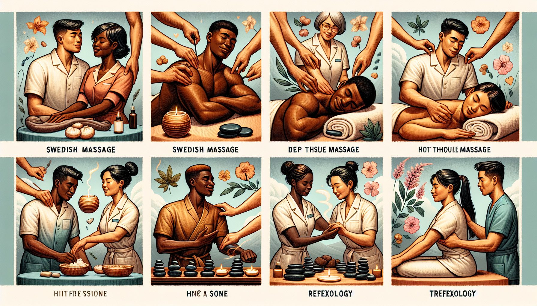 Illustrated guide to various massage therapy treatments