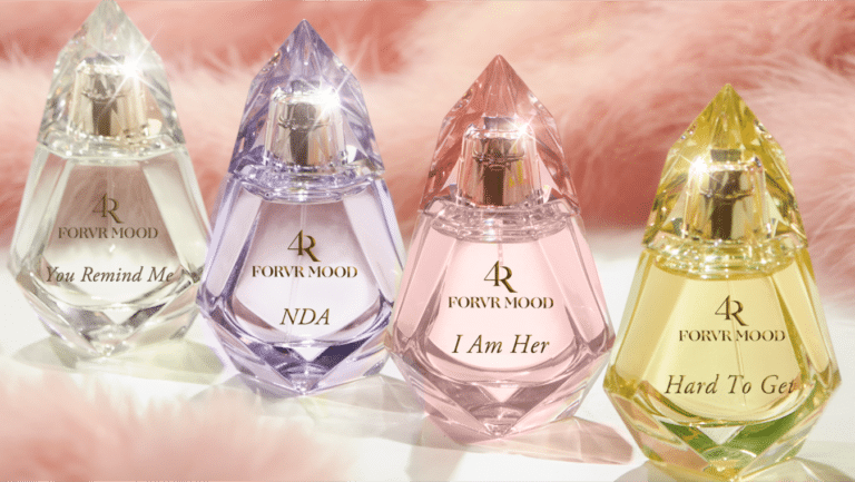 Four pastel FORVR MOOD perfume bottles displayed together