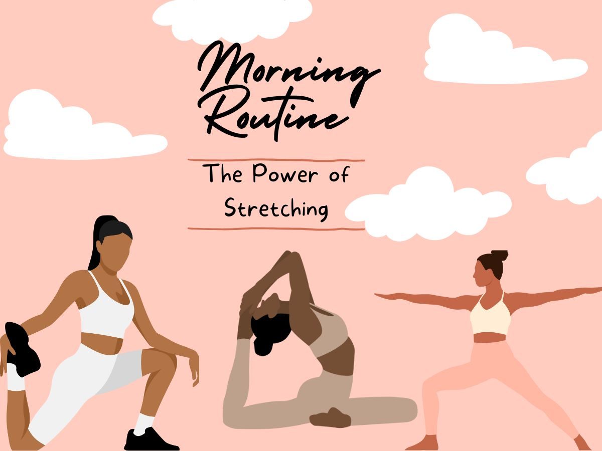 Illustrated women stretching for morning routine wellness poster